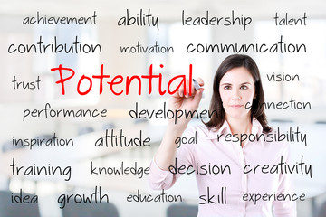 Young business woman writing potential concept. Office background.