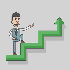 Arrow graph going up and businessman going up with case rises to top step of stairs, vector, illustration