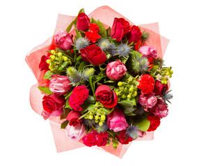 Bouquet of flowers top view isolated on white