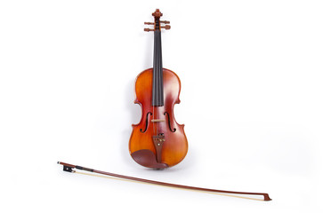 Violin and bow on white background