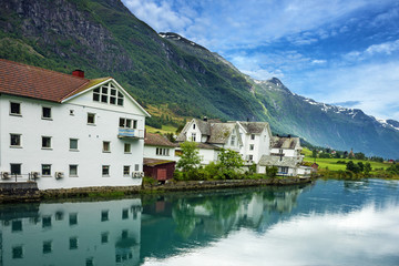 Fototapeta na wymiar Rural houses, village Olden, Norway