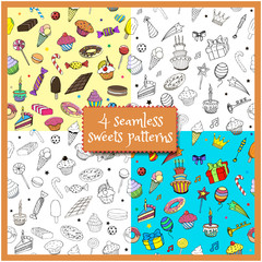 Set cartoon doodles hand drawn birthday party seamless patterns
