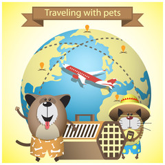 Traveling with pets. Illustration with pets, kennel and earth