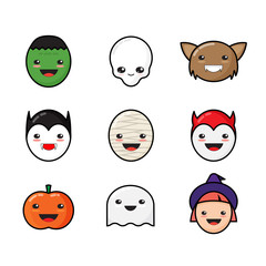 Cute Kawaii Halloween Icons Set. Funny Monster Faces.