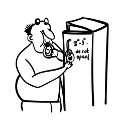 Adult fat man on a diet secretly steal food from the refrigerator comic vector illustration