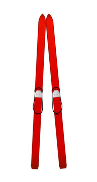 Old wooden alpine skis in red design