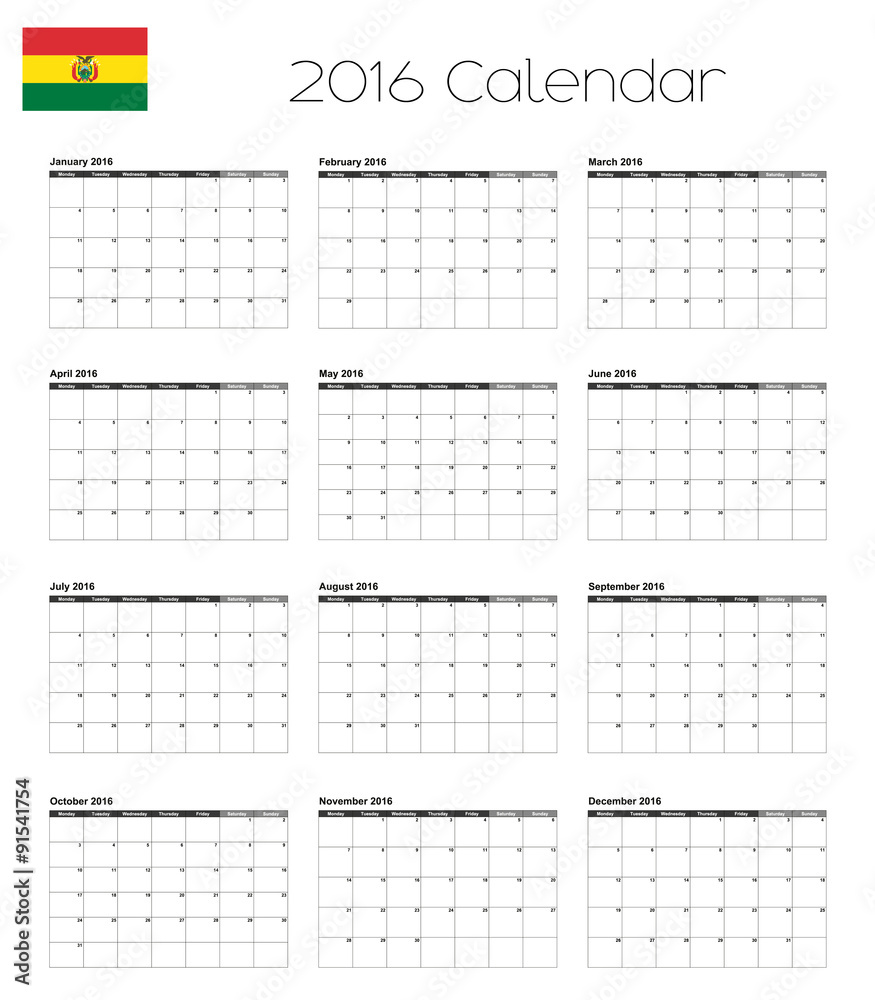 Wall mural 2016 calendar with the flag of bolivia