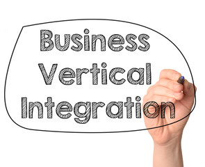 hand-written word business vertical integration on a white backg