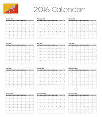 2016 Calendar with the Flag of Bhutan