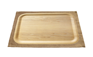 Brown wood tray and brown tablecloth on white background