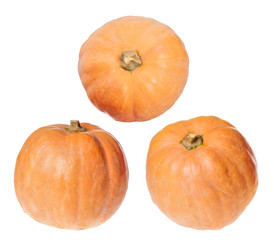 three orange pumpkins isolated on white