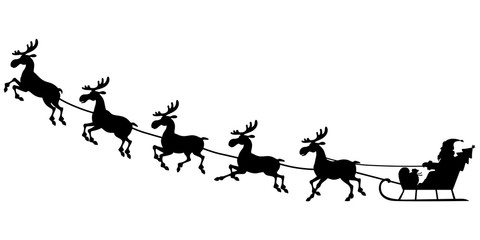 Fototapeta na wymiar Silhouette Santa riding on reindeer sleigh
