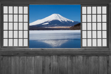 Japanese wood sliding window with view of mountain fuji and lake