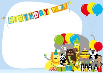 Obraz na płótnie Canvas Birthday party invitation with group uf funny happy cartoon animals