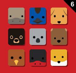 Flat Big Animal Faces Application Icon Cartoon Vector Set 6 (Australia)