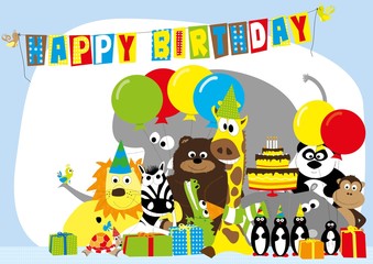 Fototapeta premium Happy Birthday card with wild animals and baloons