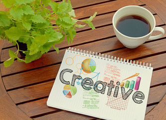 Notebook with text inside Creative on table with coffee and plan