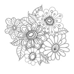 Doodle art flowers. Zentangle styled hand-drawn flowers and leaves decorative design element.
