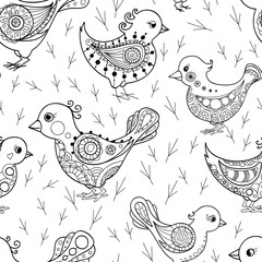 Doodle birds seamless pattern. Hand-drawn black and white zentangle background.
