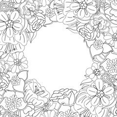 Floral hand drawn zentangle frame. Doodle flowers decorative border.