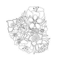 Doodle art flowers. Zentangle styled hand-drawn flowers and leaves decorative design element.