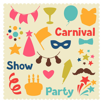 Carnival show and party set of celebration objects