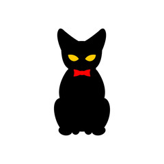 Black cat with red bow tie. Silhouette of pet sitting. Vector il