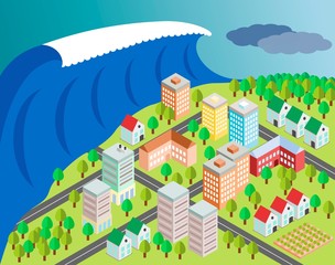 Tsunami coverint city in isometric style