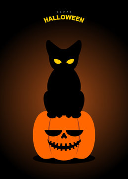 Happy Halloween. Black cat sits on pumpkin at night. Terrible sy