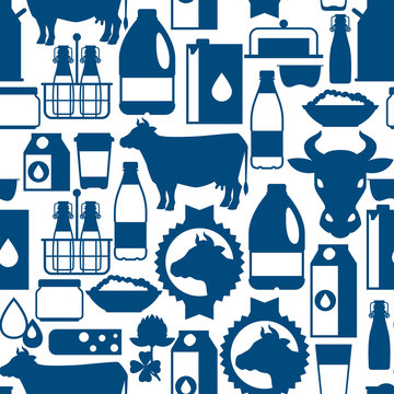 Milk seamless pattern with dairy products and objects
