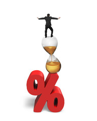 Businessman balancing on hourglass and red percentage sign
