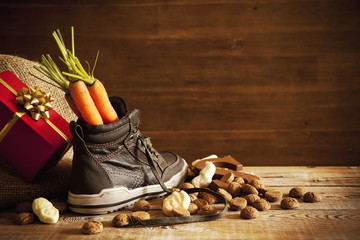 Shoe with carrots, for traditional Dutch holiday 'Sinterklaas' - 91550544