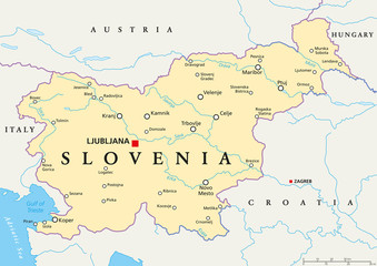 Slovenia political map with capital Ljubljana, national borders, important cities, rivers and lakes. English labeling and scaling. Illustration.