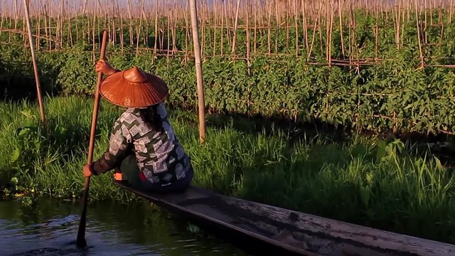 Local residents of Myanmar floating on a boat.