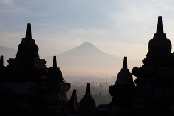 Silhouette of Ancient stupa Borobudur Temple in Yogyakarta