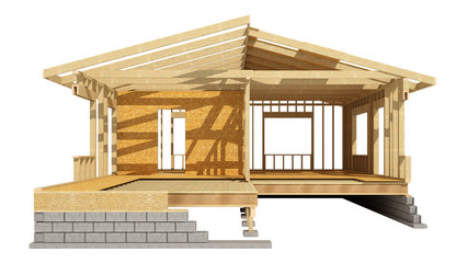 three-dimensional image of a wooden frame house.