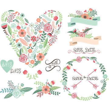 Wedding Floral Graphic Elements.Labels,Ribbons,Hearts,Arrows,Flowers,Wreaths,Laurel.