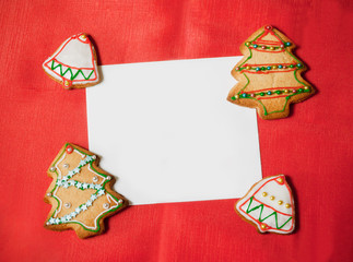 Homemade cookies on red background. Empty space for your text