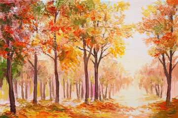 Plakaty  Obraz olejny pejzaż - kolorowy jesienny las