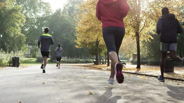 Group of runners running in park wearing wearable technology connected devices