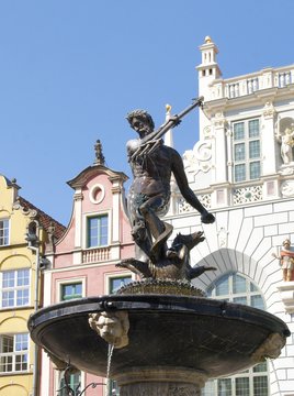 statue of Neptune and fountain in center of Gdansk