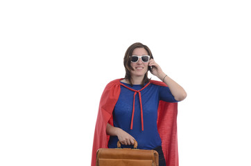 Woman superhero with red cape talking on the phone, white