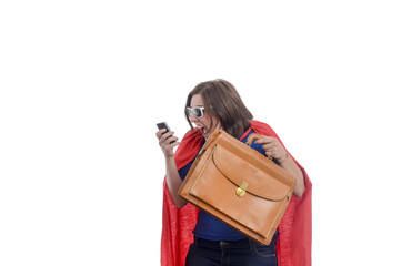 Woman superhero with red cape talking on the phone, white.