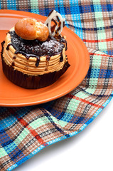 Chocolate cake on the waffle towel