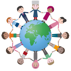 multicultural people around earth, holding hands.