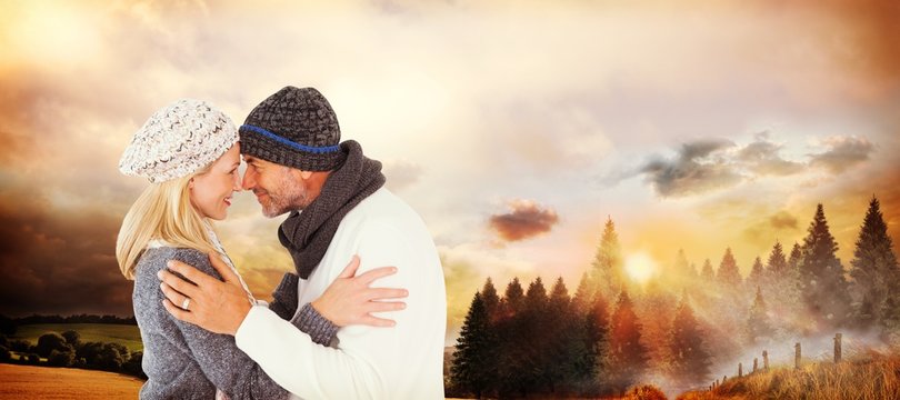 Composite image of smiling cute couple romancing