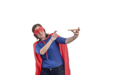 Woman superhero rejecting a piece of pizza with a red cape