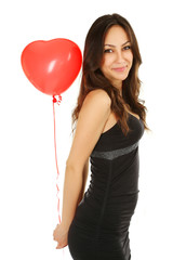 Fototapeta na wymiar Beautiful woman with red balloon on white background
