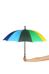 Colorful opened umbrella in hand