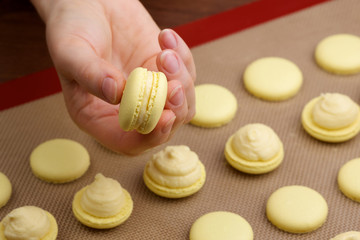 macaroon chef in hand on blurred background